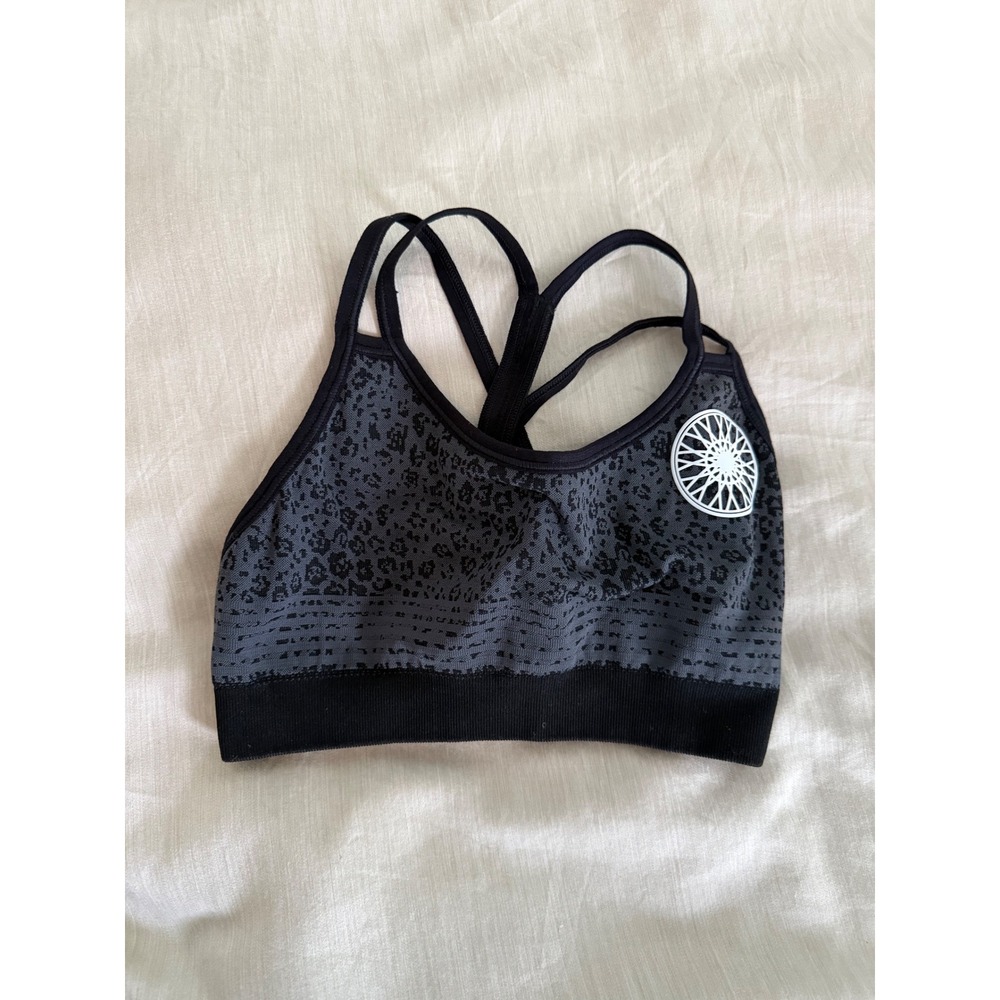 SoulCycle by NUX‎ Skull Crossbones Sports Bra Black Grey Leopard Print Racerback